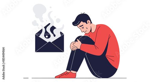 A sad and stressed man sits with his head down next to a smoking, burning envelope representing bad news or email spam.