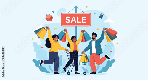 A group of happy and diverse friends with shopping bags and a cart celebrating a big sale event under a sale sign.