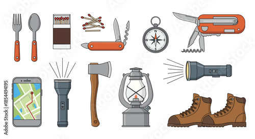 A collection of essential hiking and camping equipment icons, including a pocket knife, compass, flashlight, and hiking boots for travel.