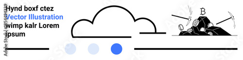Cloud-shaped figure connected to dots below, right section features pickaxes, coins, and rocks with crypto insignia. Ideal for cryptocurrency, technology, cloud storage, mining, innovation data