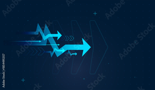 A tall central arrow leads thinner lines, representing a dominant market trend. with Futuristic gradients on a dark grid background evoke data dashboards and fintech
