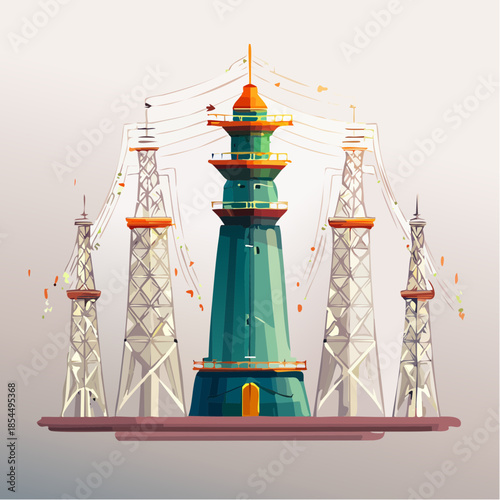 Distinctive Tower Structures with Electrical Transmission Lines, Power Grid Infrastructure, and Communication Towers