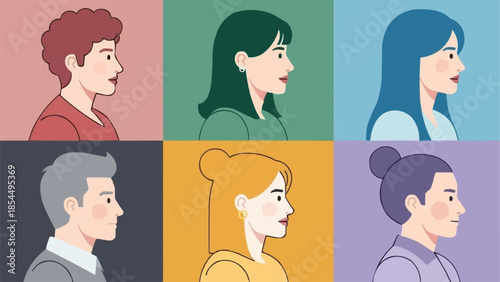 Diverse group of people shown in profile view illustration.