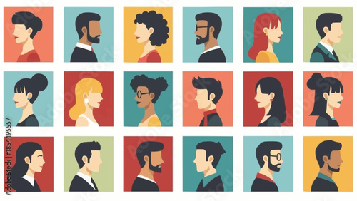 Diverse Group of People Profile Portraits Flat Design.