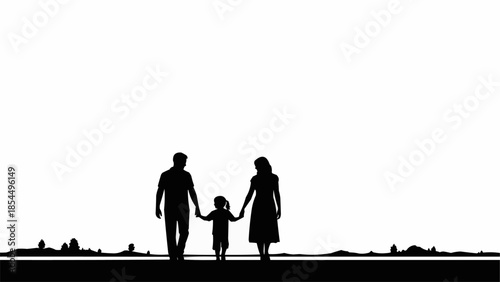 Silhouette of a family holding hands walking together outdoors.