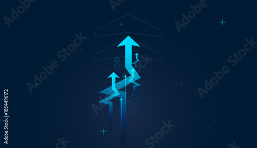 Multiple neon blue arrows surge upward, symbolizing tech‑driven financial growth. and with Layered arrows create a sense of digital acceleration in modern business
