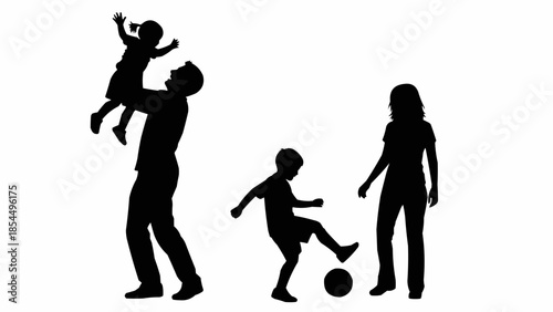 Silhouette of a family playing together outdoors on a white background.