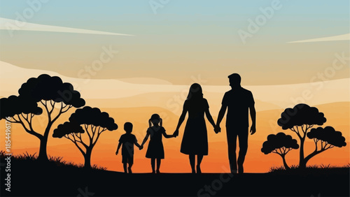 Silhouette of a family walking together at sunset.