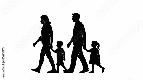 Silhouette of a family walking together holding hands.