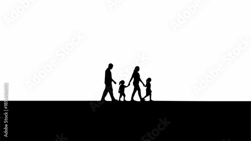 Silhouette of a family walking together holding hands.