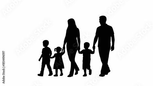 Silhouette of a family walking together holding hands.