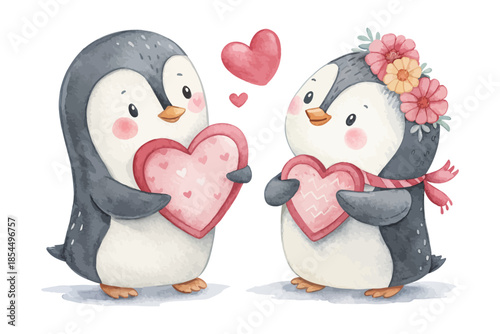 Cute Penguin with Heart Watercolor Valentine element vector illustration isolated on white background