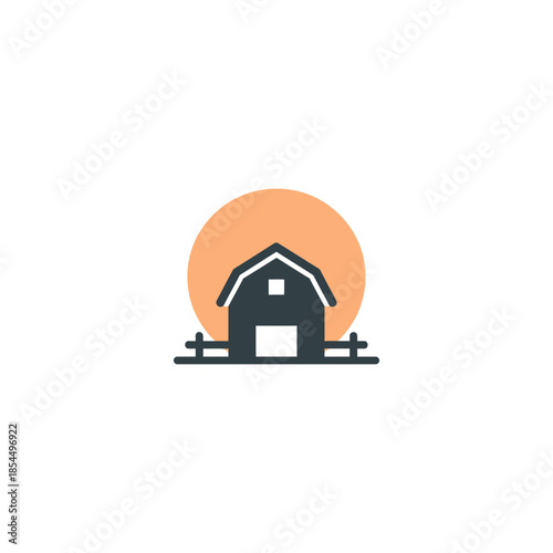 Sunrise art minimal filled farm sunrise with simple barn silhouette vector illustration