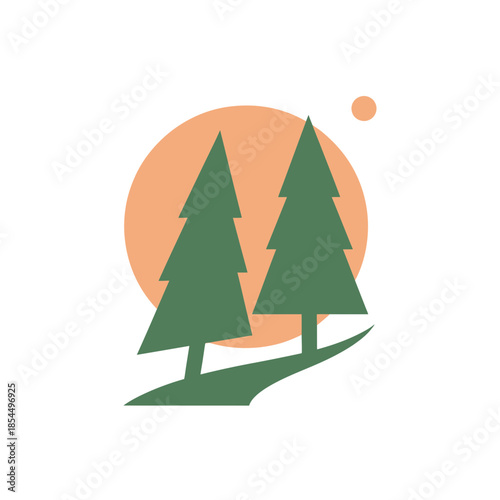 Sunrise art minimal filled forest sunrise with pine tree silhouettes vector illustration