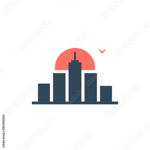 Sunrise art minimal filled city skyline with tall tower silhouette vector illustration