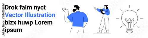 Two professionals discussing ideas with expressive gestures, accompanied by a glowing bulb symbol. Ideal for teamwork, collaboration, creativity, idea generation, innovation, brainstorming, modern