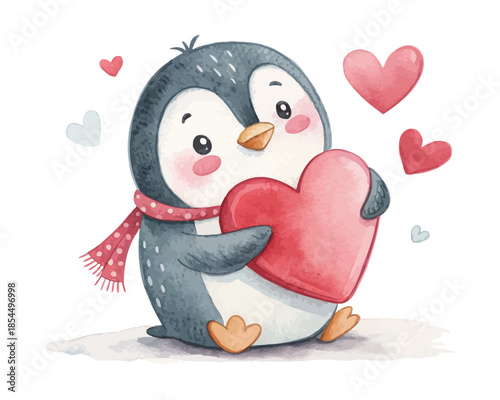 Cute Penguin with Heart Watercolor Valentine Character vector illustration isolated on white background