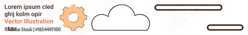 Cloud storage, technology interfaces, data management, connectivity solutions, industry automation, IT services. Gear beside a cloud with linear elements. Cloud storage and technology interfaces