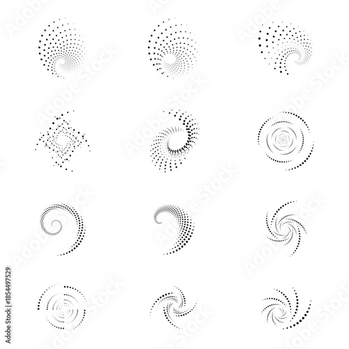 Abstract Dotted Spiral and Radial Halftone Design Elements with Dynamic Motion Patterns