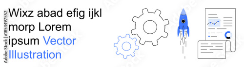 Business strategy, innovation, productivity, data analysis, research, workflow optimization. Blue rocket, gears and analytics chart. Business strategy and innovation tools concept