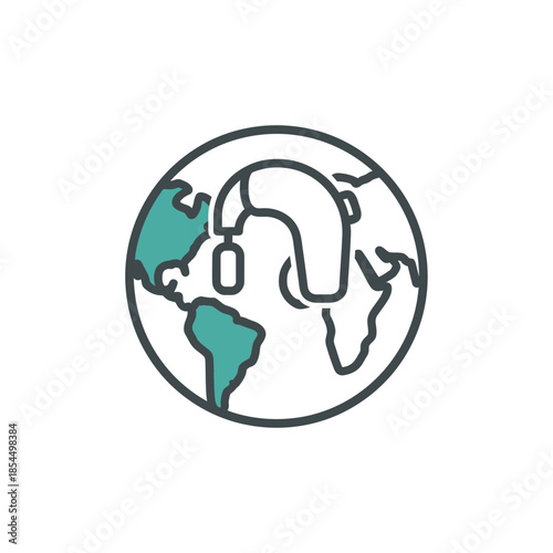 World hearing day hearing aid line art bold outline globe disk continents vector illustration