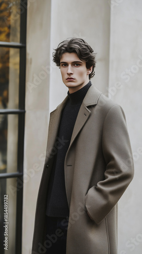 A professional winter photoshoot of a man wearing a cozy knit sweater and coat 