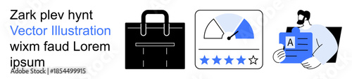 Business, performance rating, quality control, identity verification, documentation, professional services. Black briefcase, rating speedometer and a person holding identification. Business