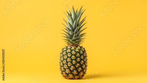 Whole fresh pineapple with green leaves, isolated subject for tropical fruit and summer food photography concepts