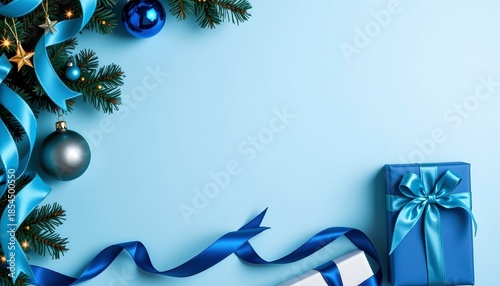 Festive Blue Christmas Tree with Gifts and Ribbons
