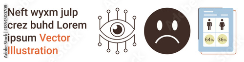 Data analysis, identity verification, digital privacy, emotional wellbeing, technology, gender statistics. Eye symbol and sad face next to demographic document. Identity verification and emotional