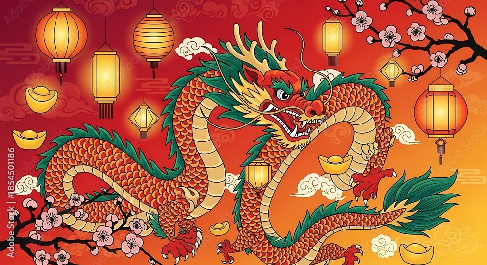 Obraz premium Chinese New Year Dragon Celebration with Lanterns and Blossoms.