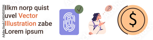Cybersecurity, finance, authentication, decision-making, secure systems, digital identities. Fingerprint with checkmark, dollar icon person with question mark. Cybersecurity and finance