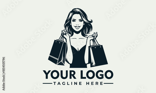 Elegant shopping woman vector logo template for boutique, fashion, or retail business branding. Stylish shopper illustration emblem design