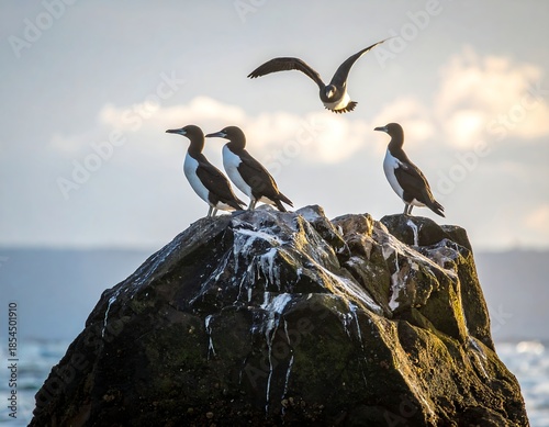 Several dark-bodied birds with white chests perch on a sunlit rock, one takes flight above them against the sky