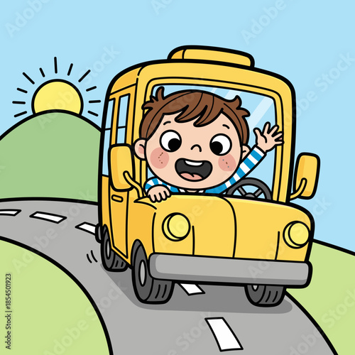 Happy child driving yellow school bus on sunny road