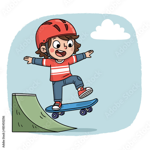 Happy kid skateboarding on ramp with helmet on sunny day