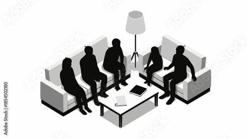 Isometric Group of People Sitting on Sofas Around a Coffee Table.