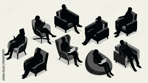 People sitting in various chairs using laptops and tablets.