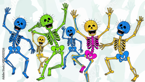 Colorful Skeletons Dancing Joyfully in a Lively Celebration.