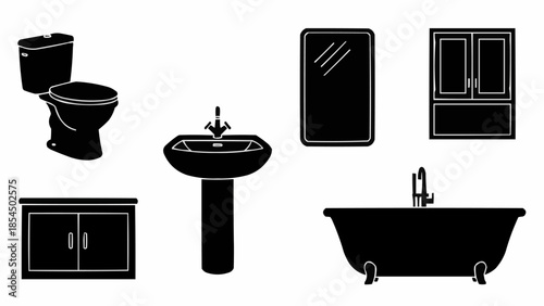 Bathroom Fixtures and Furniture Silhouettes Collection on White Background.