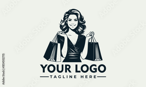 Fashionable Woman Shopping Bags Logo Vector Illustration - Stylish Female with Purchases