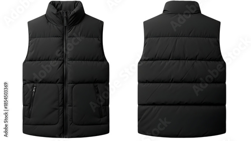 Detailed view of a black quilted puffer vest presented from both front and back on