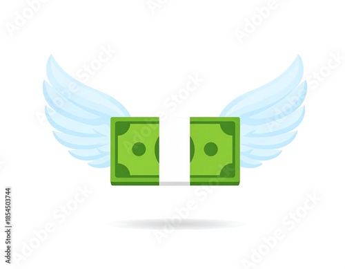 Cartoon-style illustration depicting a green money bill with wings