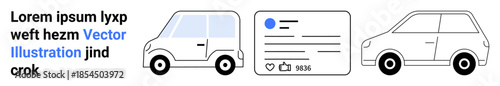 Automotive , identification, social media, online interaction, graphic design, vehicle branding. Two car icons with ID card displaying profile info. Automotive themes and identification concept