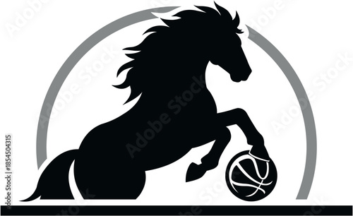 Dark blue horse silhouette logo design in a circle and a ball