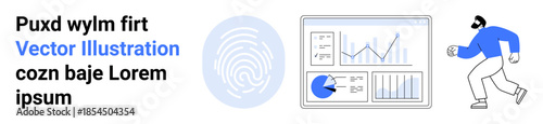 Interactive dashboard showing analytics and graphs with fingerprint icon and a running person. Ideal for analytics, biometrics, identity, teamwork, security, technology, simple landing page