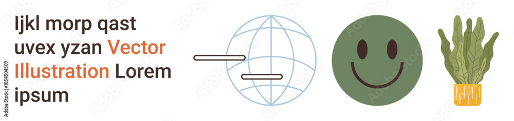 Fototapeta premium Digital communication, global networks, positivity, eco-friendly , modern design, and media content. Globe with lines, happy face and potted plant illustration. Digital communication and global
