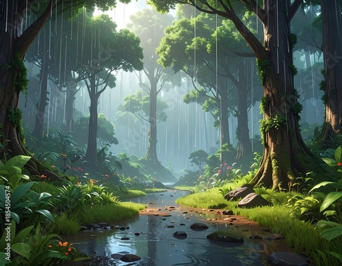 Lush, verdant forest scene with a gentle stream and dappled sunlight