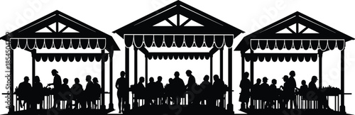 Black silhouette of outdoor marketplace stalls with people, festival fair tents, crowd gathering at market counters, vector illustration isolated on white background, urban event.