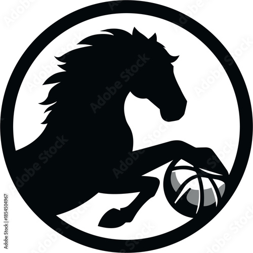 Dark blue horse silhouette logo design in a circle and a ball